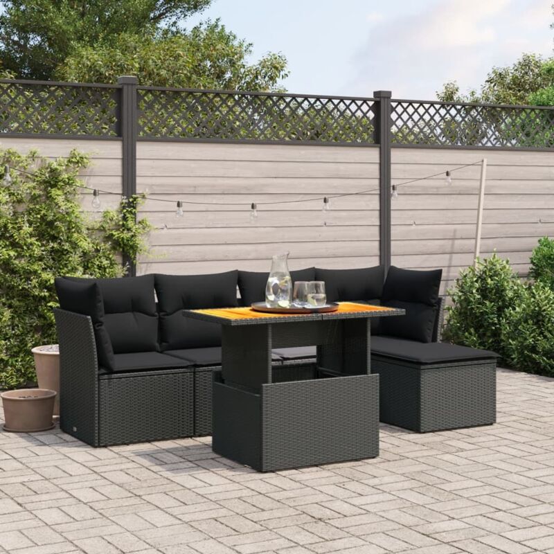 Ensemble Salon Jardin 6 Places Résine Tressée Noir avec Coussins - Table Réglable et Mobilier Modulaire