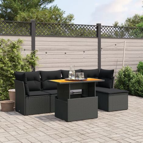 Ensemble Salon Jardin 6 Places Résine Tressée Noir avec Coussins - Table Réglable et Mobilier Modulaire