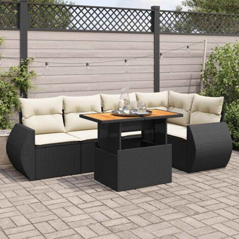 Ensemble salon jardin 6 places résine tressée noir avec table extensible acacia et rangement intégré
