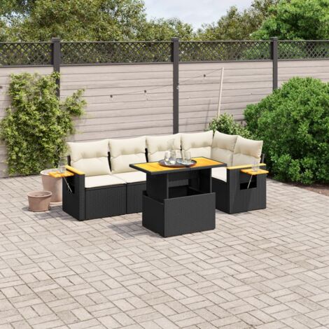 Ensemble salon jardin 6 places résine tressée noir avec table extensible et coussins crème - Meuble terrasse modulaire avec rangement intégré