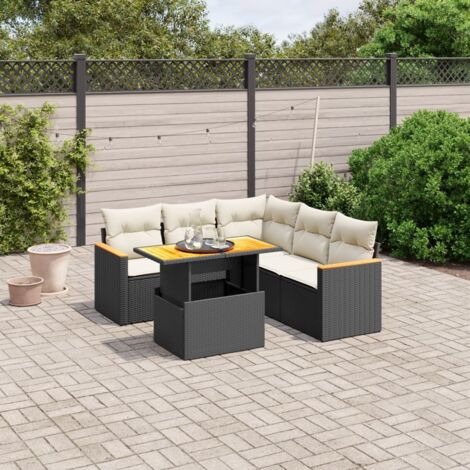 Ensemble salon jardin 6 places résine tressée noir avec table extensible et coussins déhoussables - Mobilier extérieur modulaire