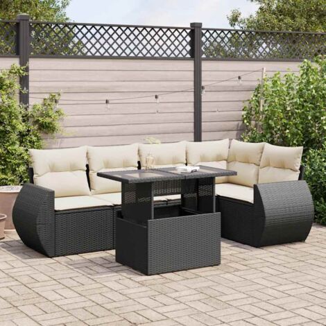 Ensemble Salon Jardin 6 Places Résine Tressée Noir avec Table Modulable et Coussins Crème - Stockage Intégré