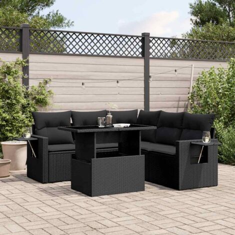 Ensemble salon jardin 6 places résine tressée noir avec table réglable et coussins confortables - Canapé d'angle, sièges modulables