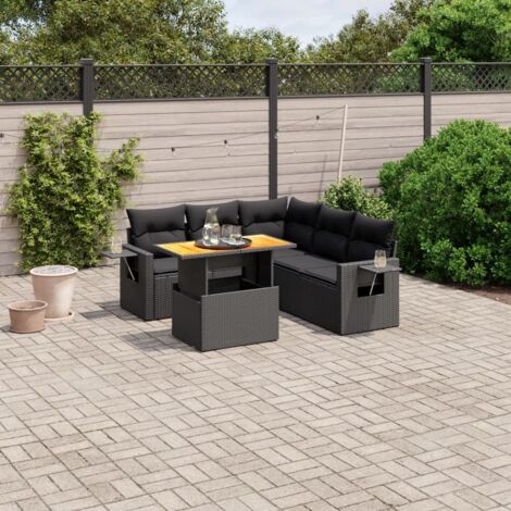 Ensemble Salon Jardin 6 Places Résine Tressée Noir avec Table Réglable et Coussins Détachables