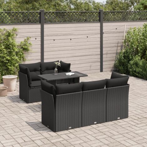 Ensemble Salon Jardin 6 Places Résine Tressée Noir avec Table Réglable et Coussins Lavables - Stockage Intégré