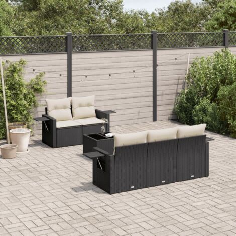 Ensemble salon jardin 6 places résine tressée noir avec table verre trempé et coussins crème