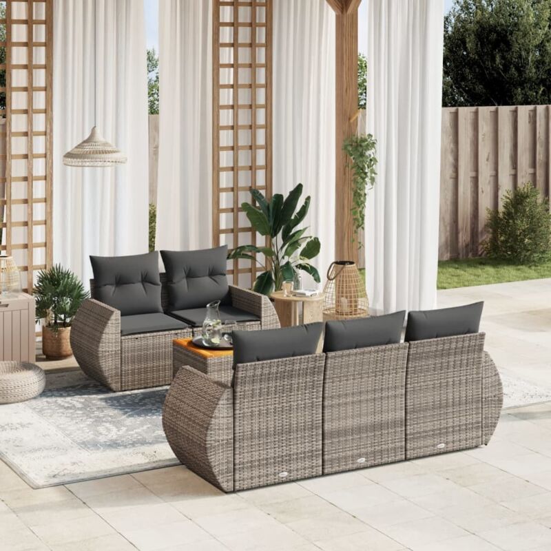 Ensemble Salon Jardin 6 Places Tressé Résine Gris avec Coussins et Table Acacia