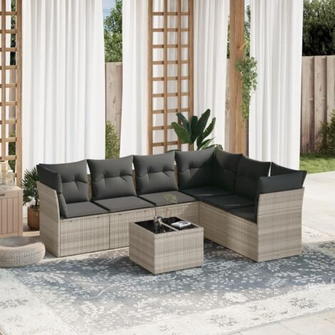 Ensemble Salon Jardin 7 Pièces Gris Clair Résine Tressée avec Coussins, Table Verre Trempé, Fonction Rangement Modulaire 234x179x69cm