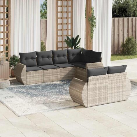 Ensemble Salon Jardin 7 Pièces Gris Clair Résine Tressée Modulaire avec Coussins et Rangement