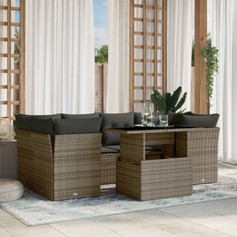 Ensemble Salon Jardin 7 Pièces Gris Résine Tressée avec Coussins, Table Modulable et Sièges Confortables