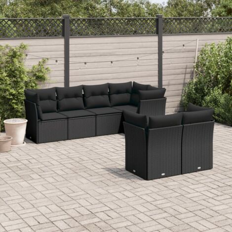 Ensemble Salon Jardin 7 Pièces Noir Résine Tressée avec Coussins - 2 Sièges Centraux, 5 Sièges d'Angle - Modulaire, Housses Lavables