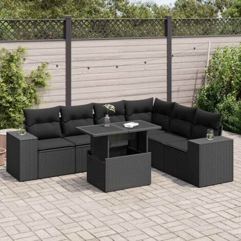 Ensemble salon jardin 7 pièces noir résine tressée avec coussins blanc crème - Table réglable basse/salle à manger - Structure acier et verre trempé