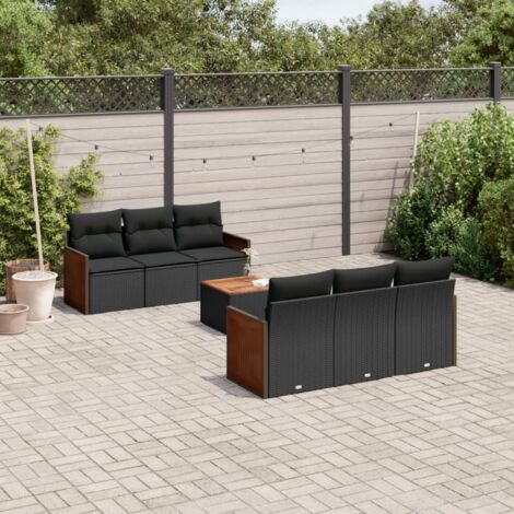 Ensemble Salon Jardin 7 Pièces Noir Résine Tressée avec Coussins - Canapés et Table Acacia Modulables pour Terrasse