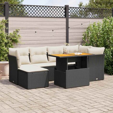 Ensemble Salon Jardin 7 Pièces Noir Résine Tressée avec Coussins Crème - Table Réglable Haute/Basse - Modulaire