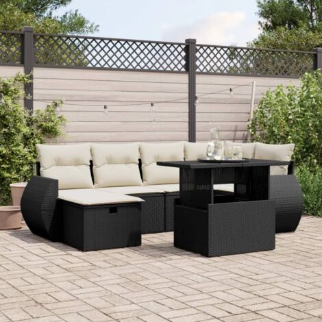 Ensemble Salon Jardin 7 Pièces Noir Résine Tressée avec Coussins Crème - Table Réglable Hauteur Modulable