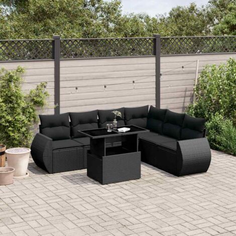 Ensemble Salon Jardin 7 Pièces Noir Résine Tressée avec Coussins Crème - Table Réglable Hauteur Modulable