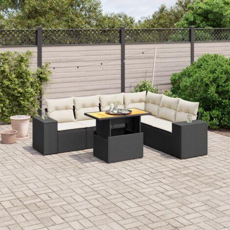 Ensemble Salon Jardin 7 Pièces Noir Résine Tressée avec Coussins Crème - Table Réglable Hauteur Modulable