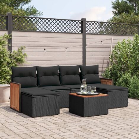 Ensemble Salon Jardin 7 Pièces Noir Résine Tressée avec Coussins - Table Acacia, Modulaire, Housse Lavable