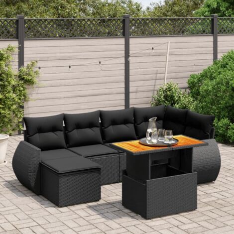 Ensemble Salon Jardin 7 Pièces Noir Résine Tressée avec Table Réglable et Coussins Crème - Meuble Extérieur Modulaire