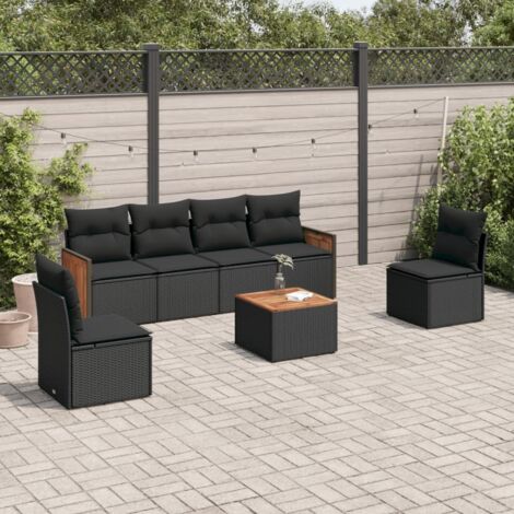 Ensemble Salon Jardin 7 Pièces Noir Résine Tressée - Canapé 2 Places + 4 Fauteuils + Table Acacia 55x55cm avec 6 Coussins Détachables