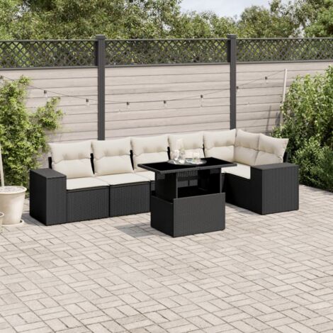Ensemble Salon Jardin 7 Pièces Noir Résine Tressée - Canapé d'Angle Modulable avec Table Réglable et Coussins Détachables