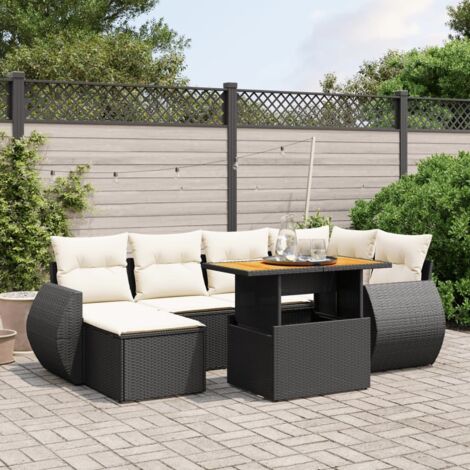 Ensemble salon jardin 7 pièces résine tressée noir avec coussins crème - Table réglable haute/basse - Meuble terrasse modulaire