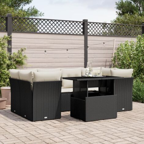 Ensemble Salon Jardin 7 Pièces Résine Tressée Noir avec Coussins Crème - Table Réglable Hauteur, Meuble Extérieur Modulaire pour Terrasse