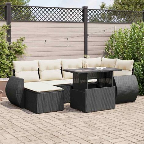 Ensemble Salon Jardin 7 Pièces Résine Tressée Noir avec Coussins - Table Réglable Hauteur Modulable