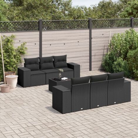 Ensemble Salon Jardin 7 Pièces Résine Tressée Noir avec Coussins - Table Verre Trempé, Modulaire, Housse Lavable - 2 Sièges + 4 Canapés + 1 Table (Dimensions: 55x62x69cm)