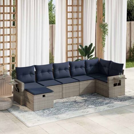 Ensemble Salon Jardin 7 Places avec Coussins Gris Résine Tressée - Canapés et Pouf