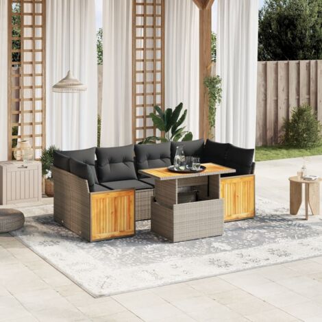 Ensemble Salon Jardin 7 Places Gris  Résine Tressée  Table Réglable  Coussins Housse Lavable  Mobilier Extérieur Modulaire