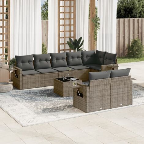 Ensemble Salon Jardin 7 Places Modulable, Coussins Gris, Résine Tressée, Housse Lavable, Tables d'Appoint