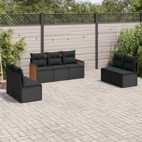 Ensemble Salon Jardin 7 Places Noir Résine Tressée avec Coussins - Canapé et Sièges Modulables 55x55cm, Housse Lavable, Charge 110kg