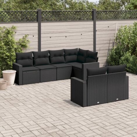 Ensemble Salon Jardin 7 Places Résine Tressée Noir avec Coussins - Canapé d'Angle Modulable, Housse Lavable, Charge 110kg