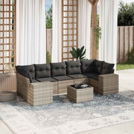 Ensemble Salon Jardin 8 Pièces Résine Tressée Gris Clair + Coussins  Table Verre Trempé 55x55 cm  Sièges 110 kg  Stockage Intégré