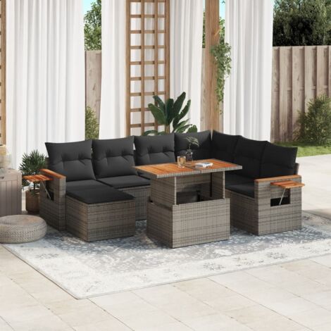 Ensemble Salon Jardin 8 Pièces Résine Tressée Gris - Table Réglable et Housses Lavables - Chaises avec Accoudoirs Bois Acacia