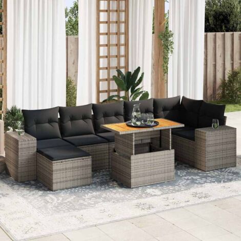 Ensemble salon jardin 8 places canapé résine tressée gris avec coussins, table réglable et rangement