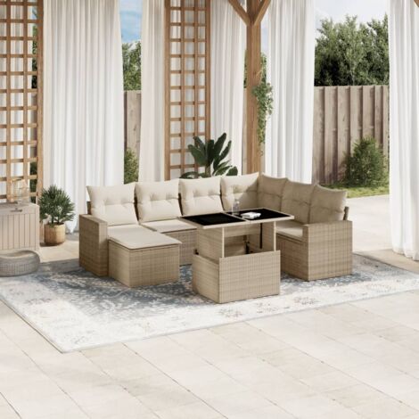 Ensemble Salon Jardin 8 Places Cannage Résine Beige avec Coussins Lavables - Table Réglable et Mobilier d'Extérieur Modulaire