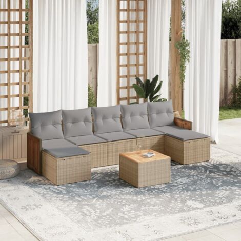 Ensemble salon jardin 8 places en résine tressée beige avec coussins gris, table acacia et rangement intégré