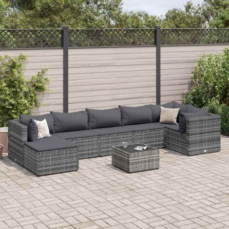 Ensemble Salon Jardin 8 Places Gris Résine Tressée avec Coussins et Table en Verre Tre