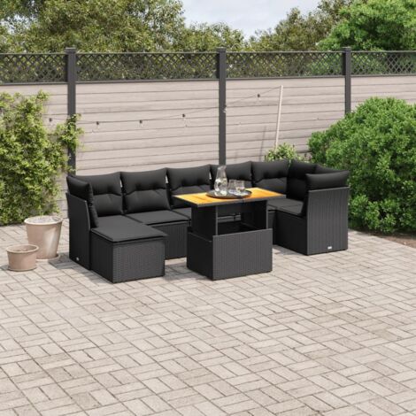 Ensemble Salon Jardin 8 Places Noir Résine Tressée avec Coussins - Canapé d'Angle Modulable et Table Réglable