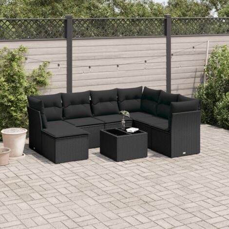 Ensemble Salon Jardin 8 Places Noir Résine Tressée avec Coussins - Canapé D'angle Modulaire, Table Verre Trempé - Mobilier Extérieur Durable