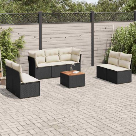Ensemble Salon Jardin 8 Places Noir Résine Tressée avec Coussins Crème - 2 Sièges d'Angle + 5 Centraux + Table Acacia - Stockage Intégré