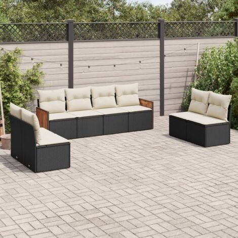 Ensemble Salon Jardin 8 Places Noir Résine Tressée avec Coussins Crème - 6 Sièges + 2 Canapés Modulables Rangement Intégré