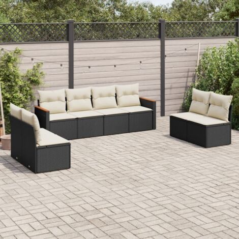 Ensemble Salon Jardin 8 Places Noir Résine Tressée avec Coussins Crème - 6 Sièges Centraux + 2 Coins d'Angle Acacia - Stockage Intégré