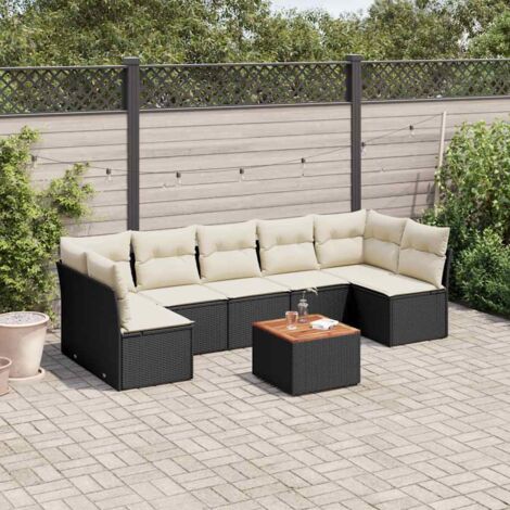 Ensemble Salon Jardin 8 Places Noir Résine Tressée avec Coussins Crème - 7 Sièges Modulaires et Table Acacia - Stockage Intégré