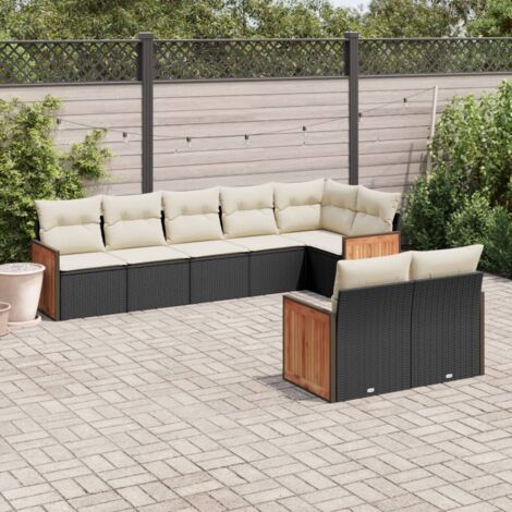 Ensemble Salon Jardin 8 Places Noir Résine Tressée avec Coussins Crème - Canapé d'Angle Modulable