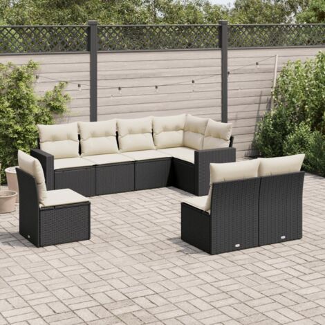 Ensemble Salon Jardin 8 Places Noir Résine Tressée avec Coussins Crème - Canapé d'Angle Modulaire