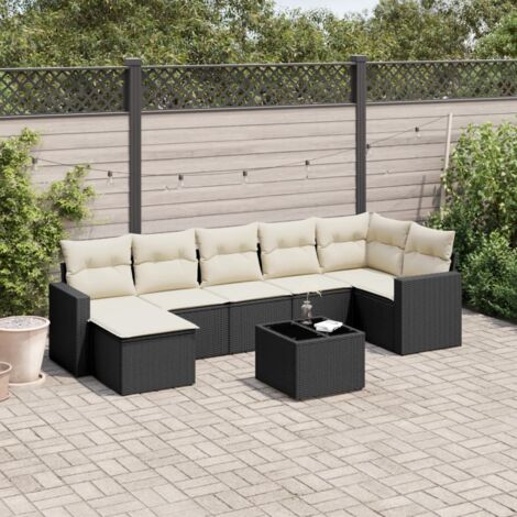 Ensemble Salon Jardin 8 Places Noir Résine Tressée avec Coussins Crème - Canapé d'Angle Modulaire, Table Verre Trempé