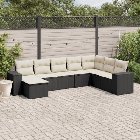 Ensemble Salon Jardin 8 Places Noir Résine Tressée avec Coussins Crème - Canapé d'Angle, Sièges Centraux et Repose-Pieds - Mobilier Extérieur Modulaire